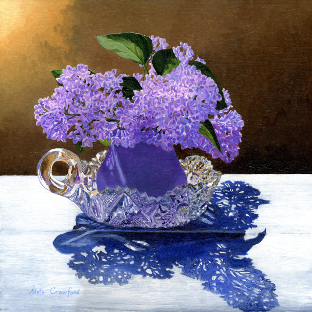 This painting has three bunches of purple lilac flowers in a purple vase sitting in a cut crystal dish.